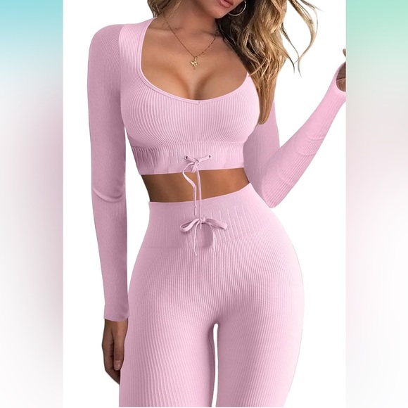 2pc pink Seamless Workout set LS Crop Top Ribbed High Waist Leggings- Small nwot - Picture 1 of 5